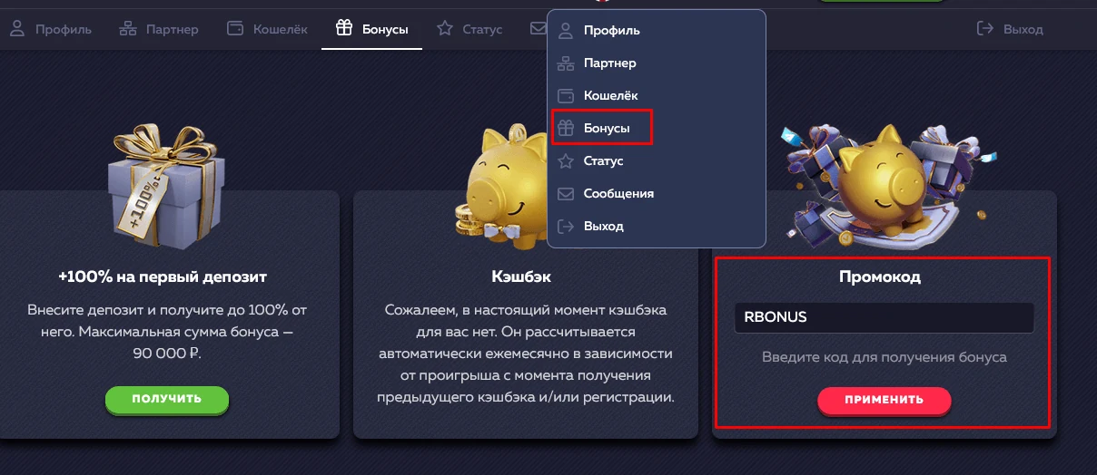 Поле промокода и детали Vavada
