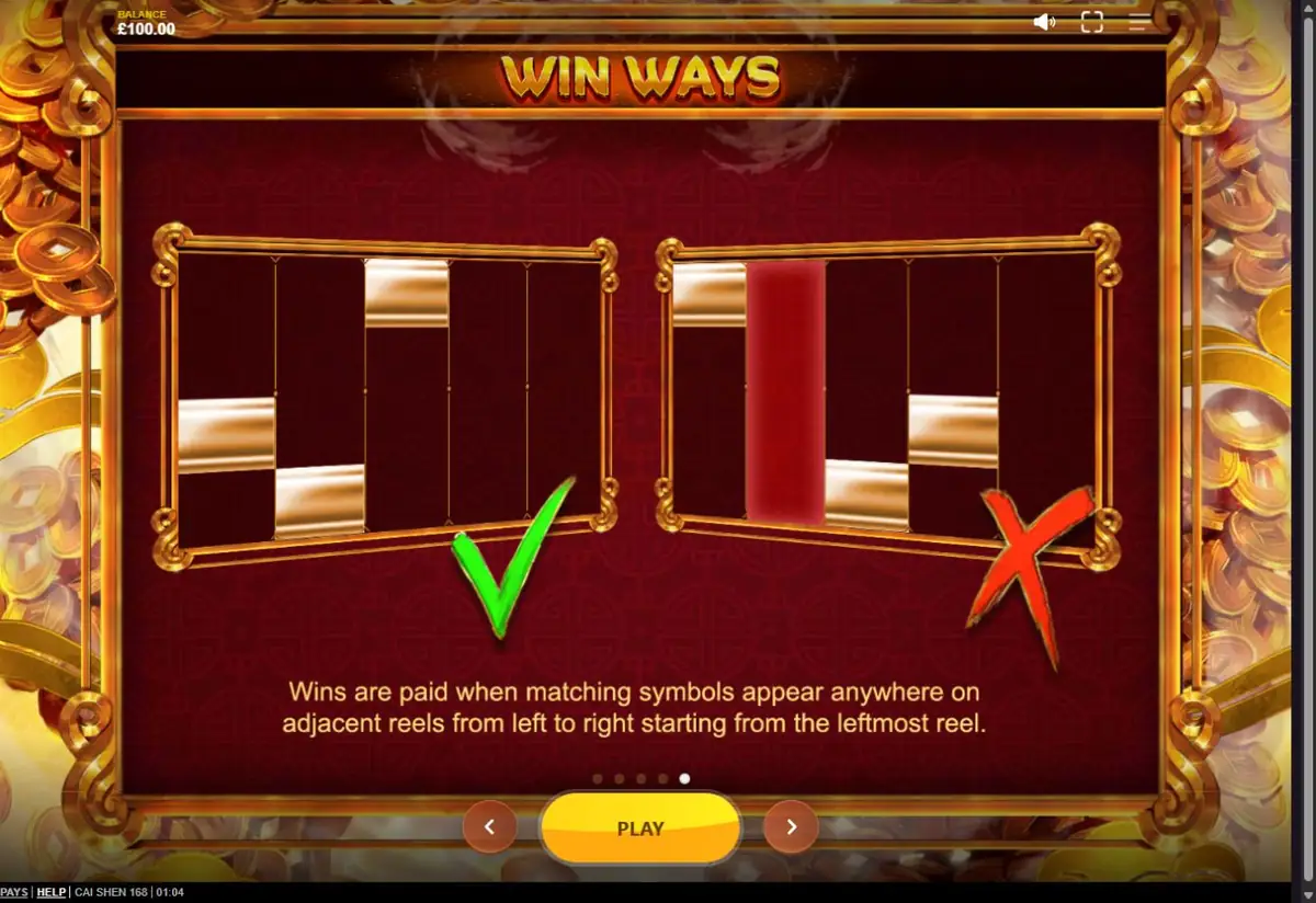 Правило выигрышных комбинаций 1 024 ways в Cai Shen 168