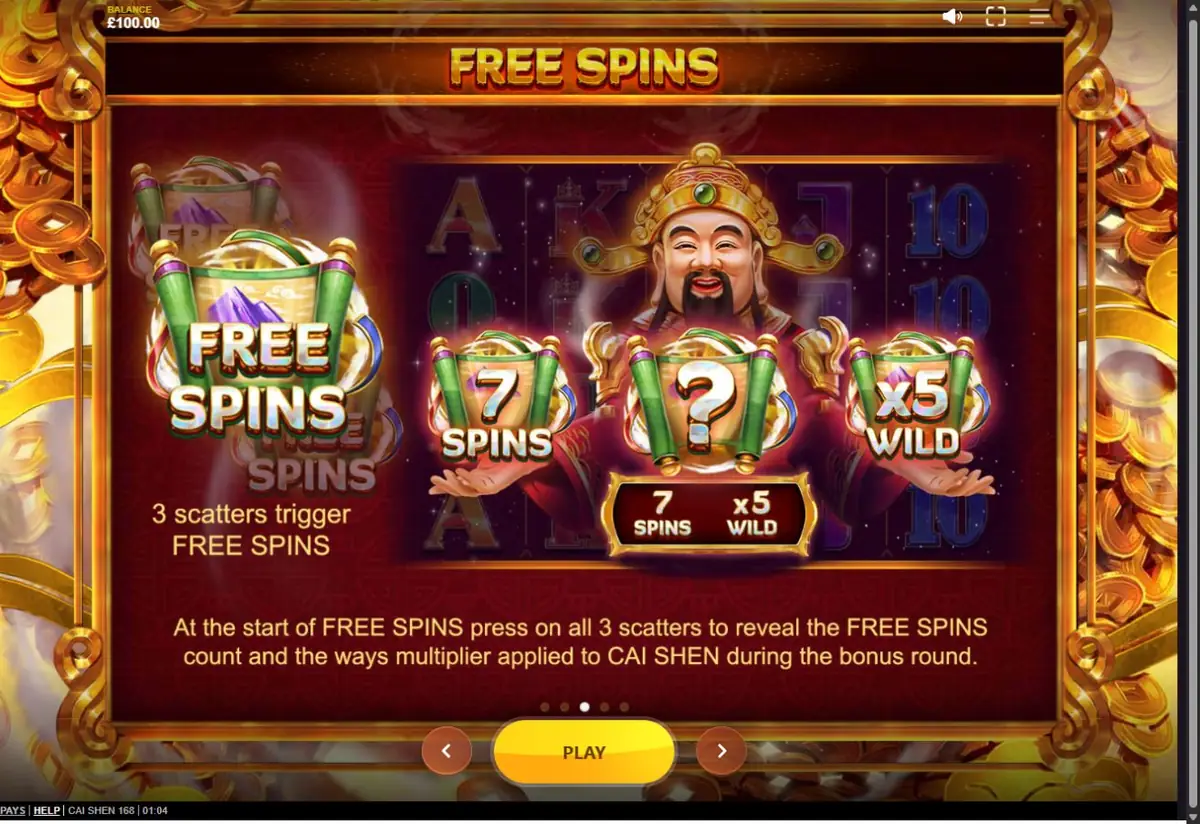 Бонус Free Spins в слоте Cai Shen 168 с выбором вращений и множителя Wild