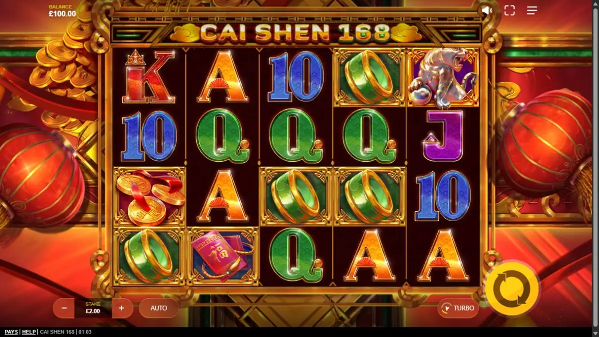 Игровое поле Cai Shen 168 с пятью барабанами и четырьмя рядами
