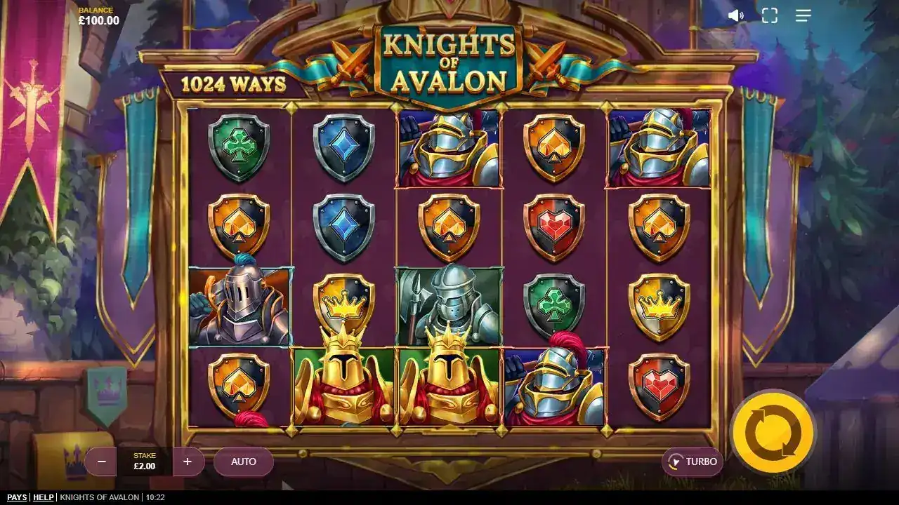 Игровое поле Knights Of Avalon с пятью барабанами и четырьмя рядами