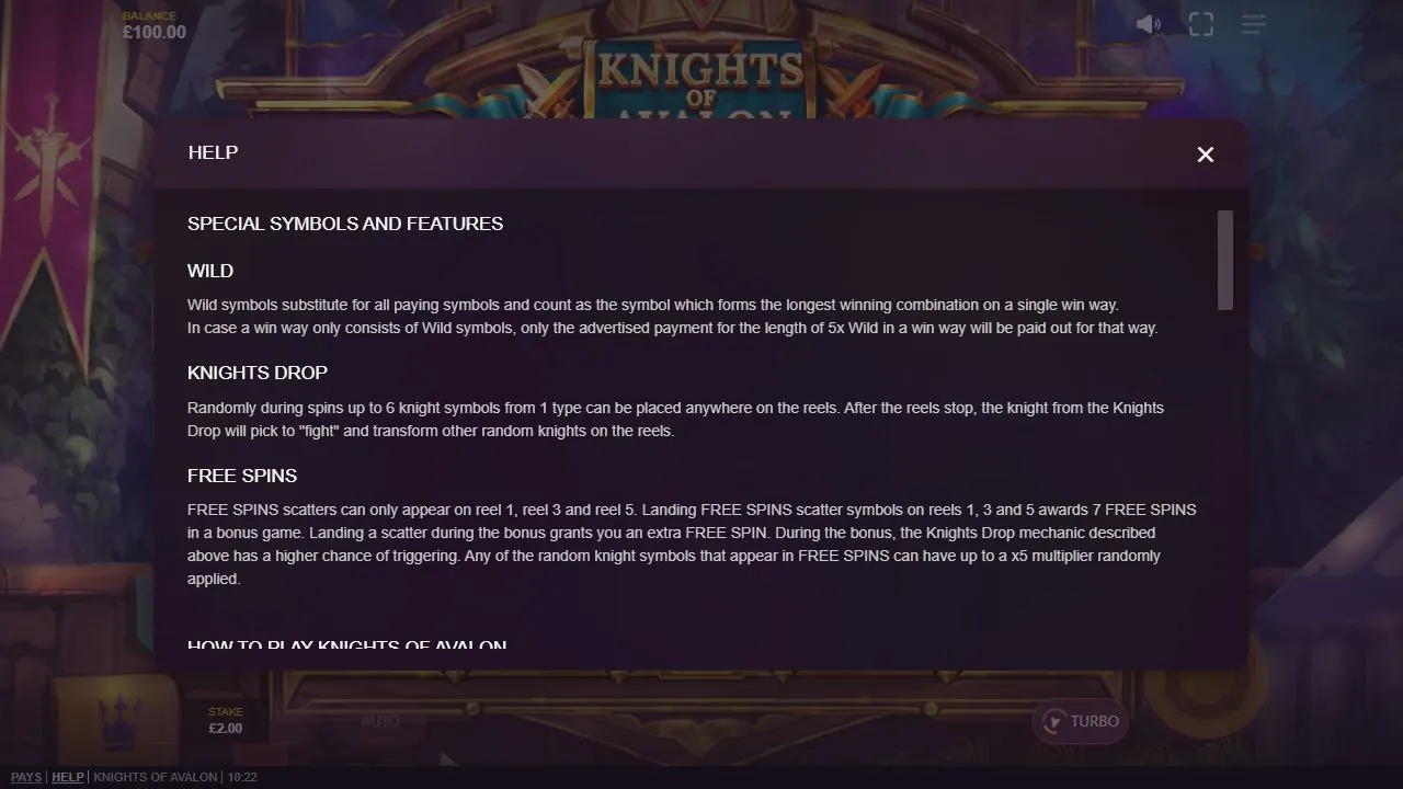 Справка Knights Of Avalon с правилами Knights Drop и бесплатных вращений