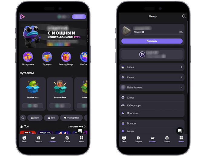 Интерфейс Reels Casino