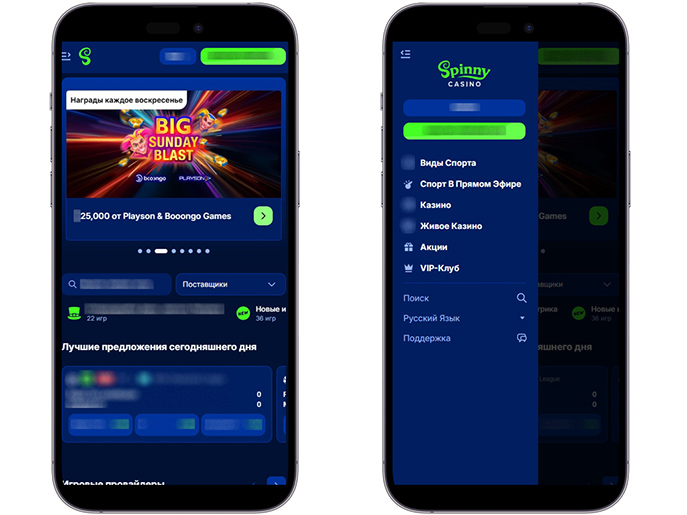 Интерфейс Spinny Casino