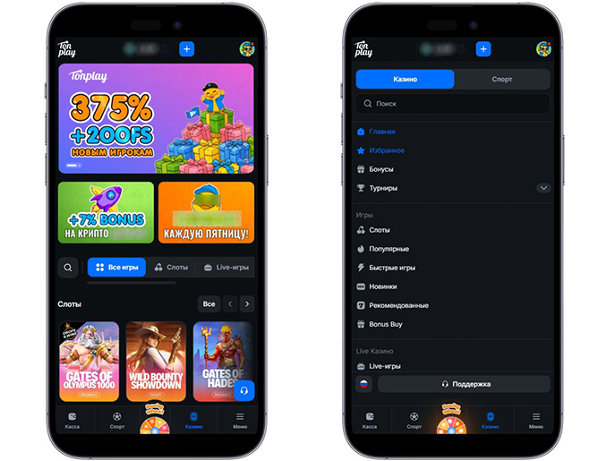 Интерфейс Tonplay Casino