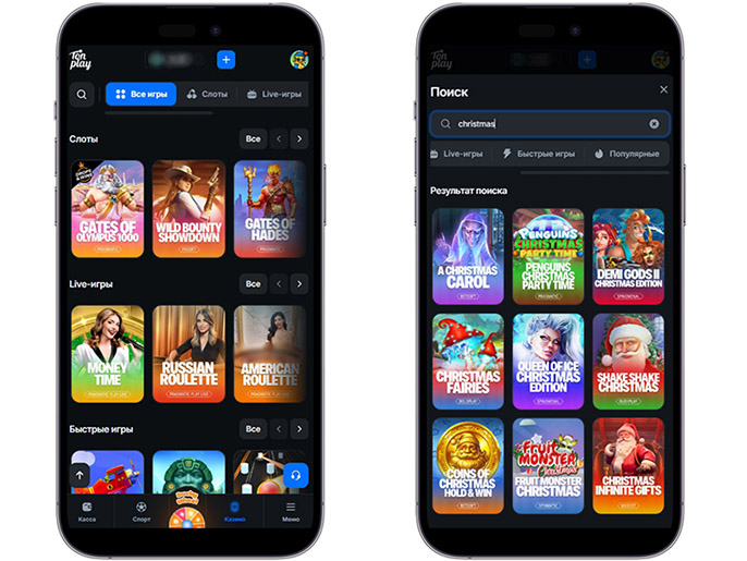 Игровой или мобильный раздел Tonplay Casino