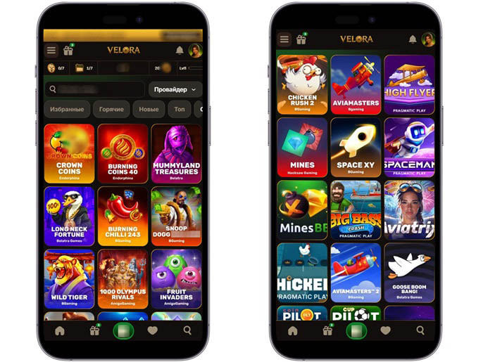 Игровой или мобильный раздел Velora Casino