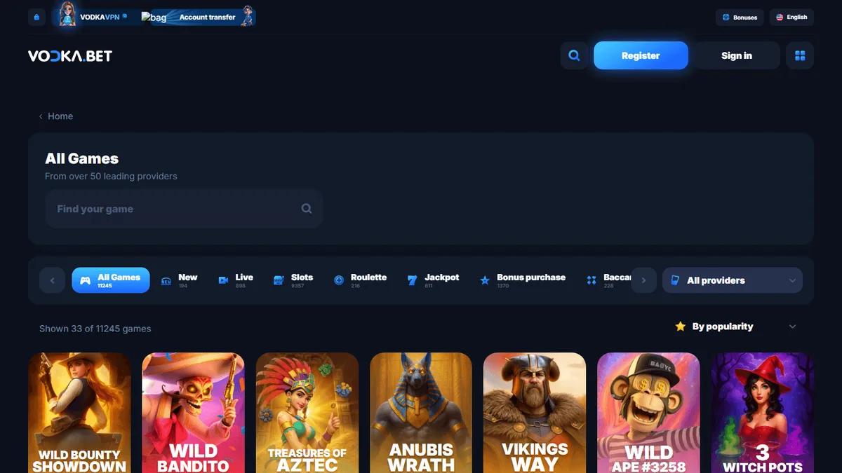 Каталог Vodka Bet с категориями и карточками игровых автоматов